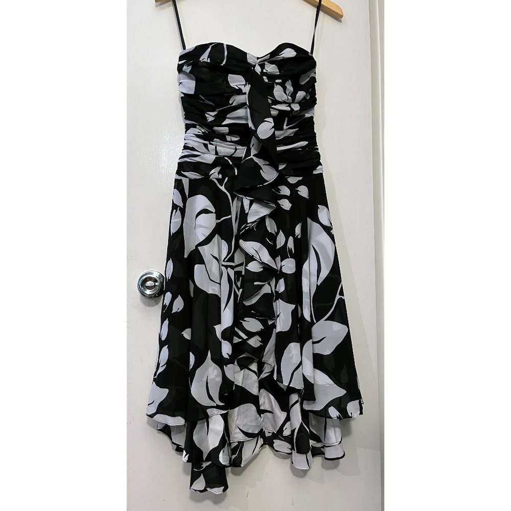 White House Black Market strapless cocktail dress, off white black floral, 4